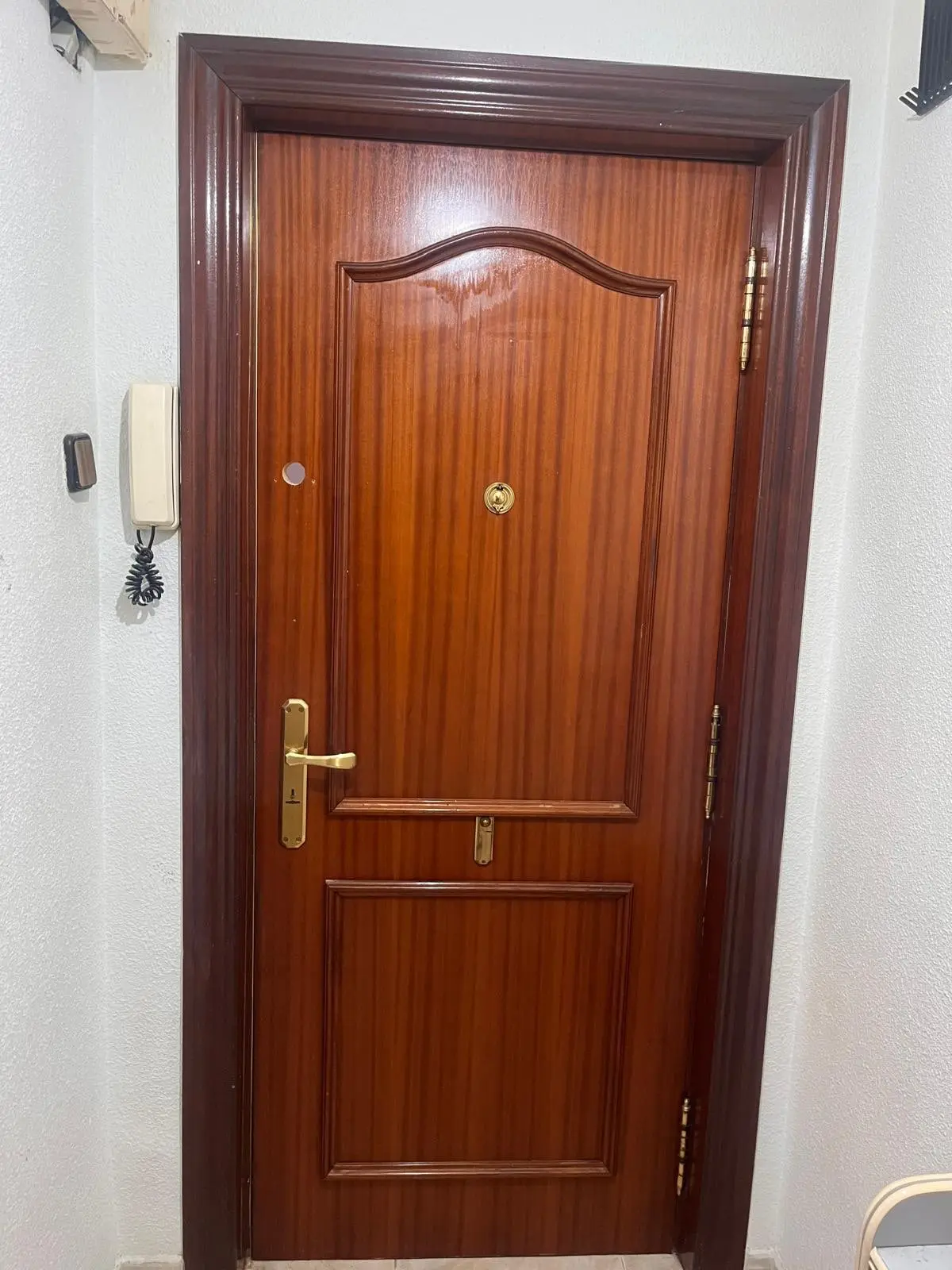 Puerta de entrada de un piso cerrada, vista desde el rellano, con el telefonillo al lado